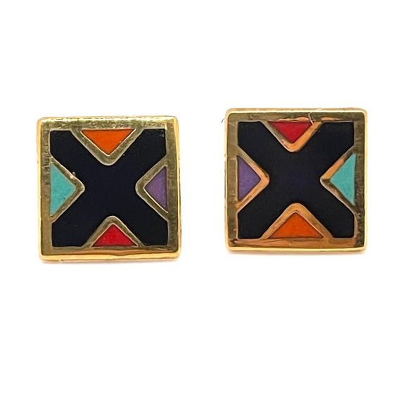 Laurel Burch  1993 Signed Gold Tone Enamel Pierced Post Earrings - Picture 1 of 6
